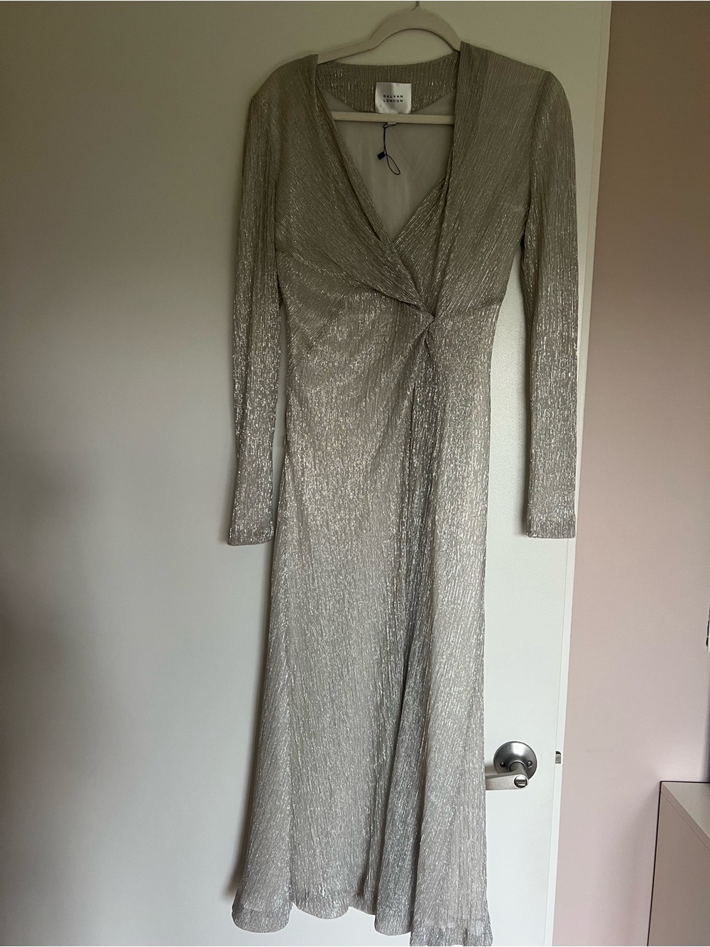 Galvan London Metallic Silver Long-Sleeve Twist-Front Maxi Dress